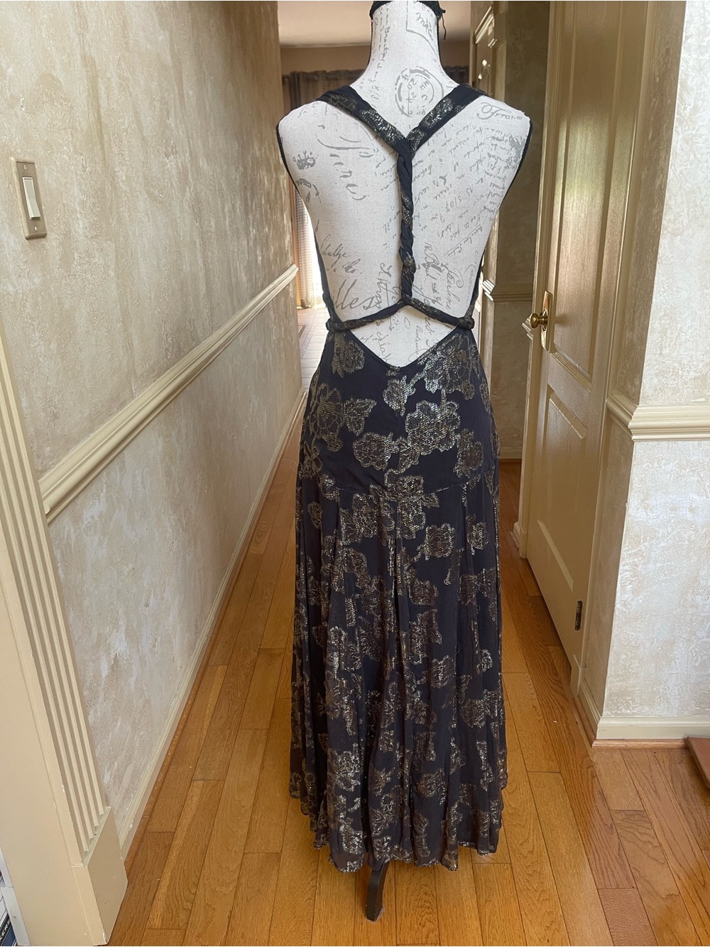 Free People Holding on convertible black and gold foil flowers maxi dress Sz S - Picture 8 of 17